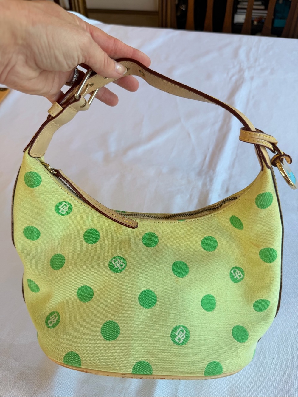 Vintage Dooney & Bourke Polka Dot Lime Green Hobo Bag with Charm
